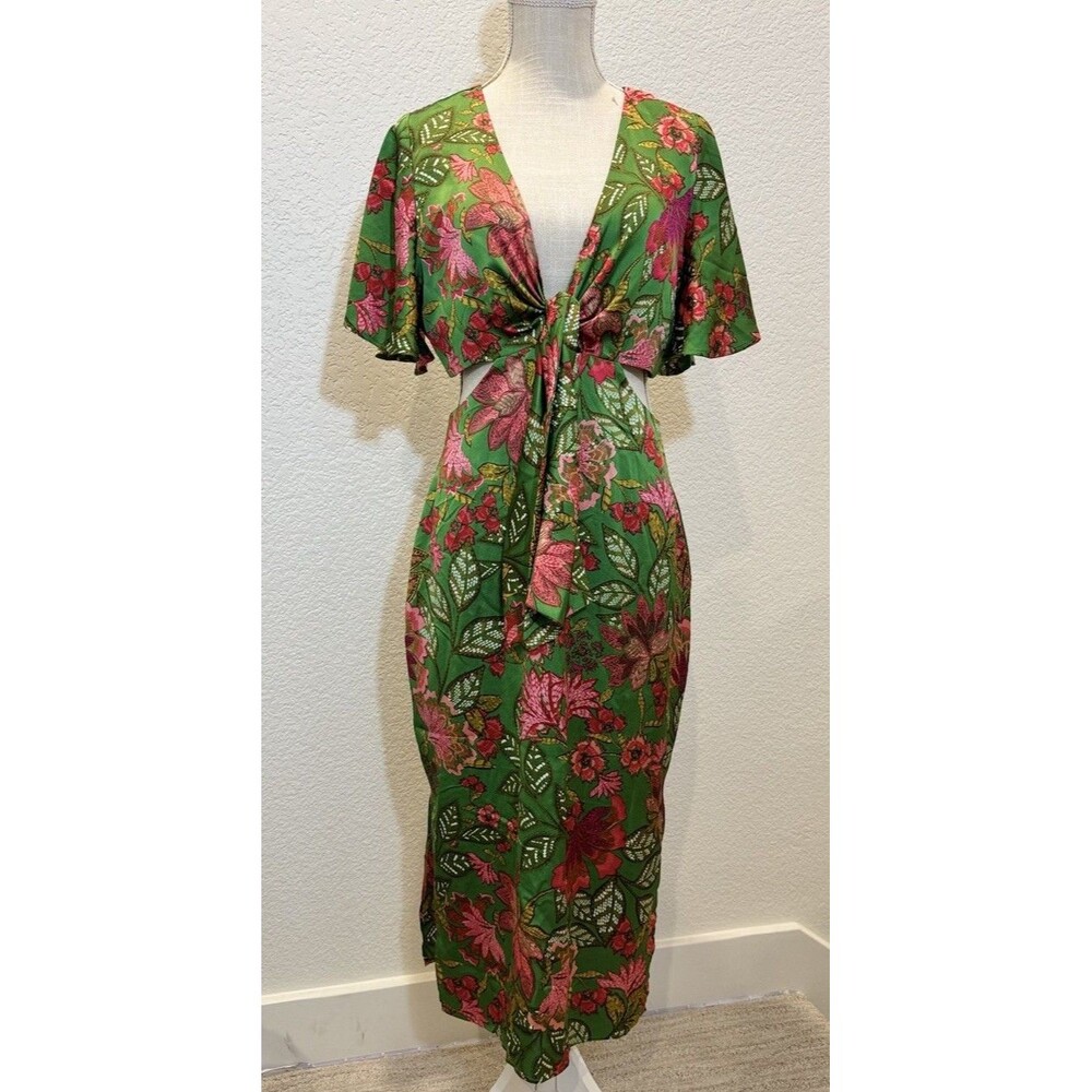 SUGAR LIPS Green Floral Cutout Tie Front Slit Midi Dress . Size L